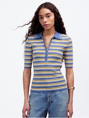 Madewell Blue & Yellow Striped Ribbed Polo Zip Top